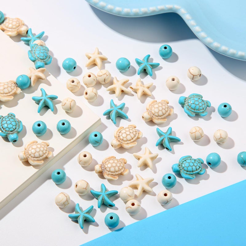 ANCADN 210pcs Turquoise Beads Sea Turtle Beads Floral White Turtle Charms Synthetic Turquoise Beads Starfish Beads for Jewelry Craft Making(bluewhite) - Image 3